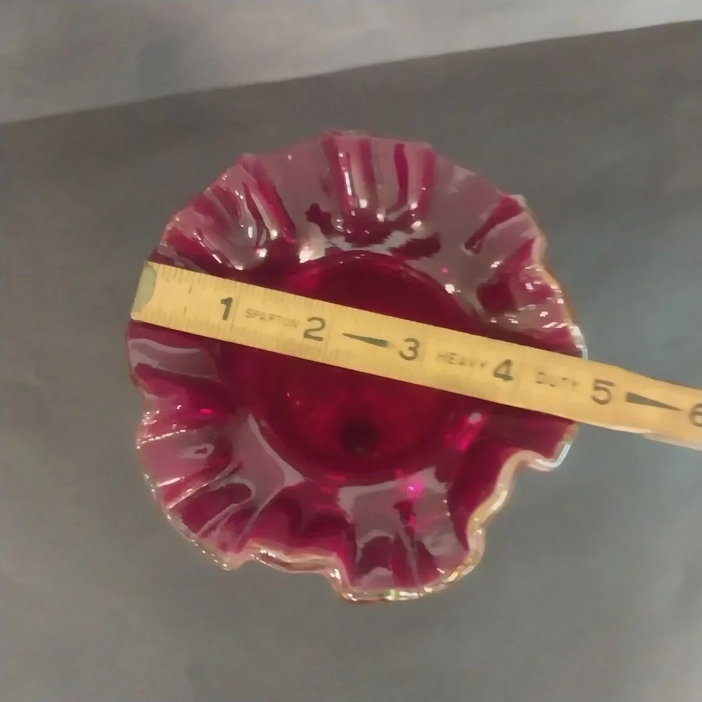 Ruby Red Amberina Glass Vase GLOWS Antique Vintage Ruffled Top